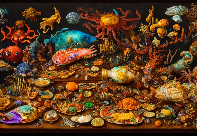 Prompt: an opulent banquet of food covered with colorful deep sea creatures, there are iridescent nudibranch flying everywhere, reclaimed lumber, detailed and intricate environment, hyperrealism, food photography, rembrandt