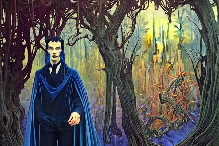 Image similar to realistic extremely detailed portrait painting of an elegantly creepy vampire man in a cape, futuristic sci-fi castle and forest on background by Jean Delville, Amano, Yves Tanguy, Alphonse Mucha, Ernst Haeckel, Edward Robert Hughes, Roger Dean, rich moody colours, blue eyes