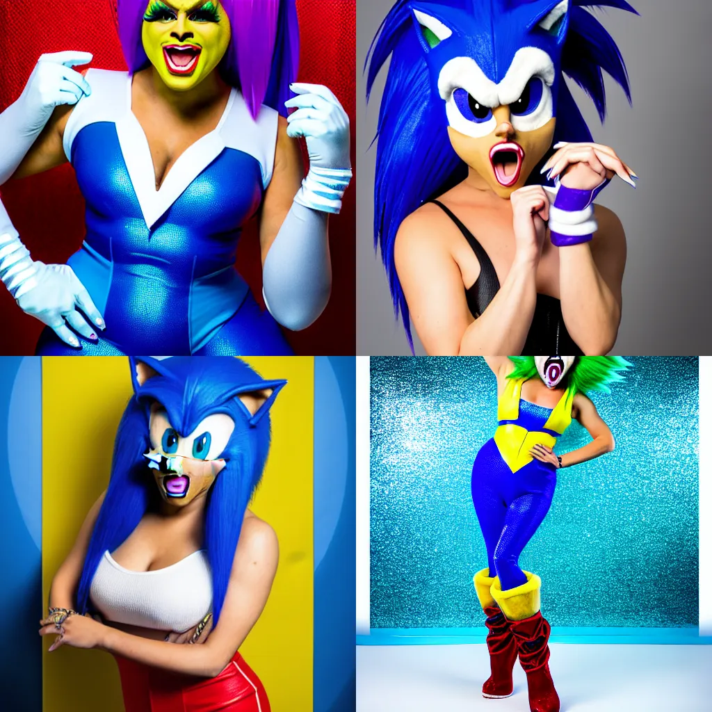 Prompt: professional studio portrait of a drag queen contestant in the style of Sonic the Hedgehog, Sonic the Hedgehog cosplay, Sega