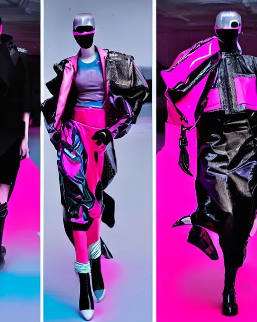 Image similar to an award winning fashion photograph for Balenciaga's cyberpunk Bladerunner 2049 fall line, dazzle camouflage!, dayglo pink, dayglo blue, raven black