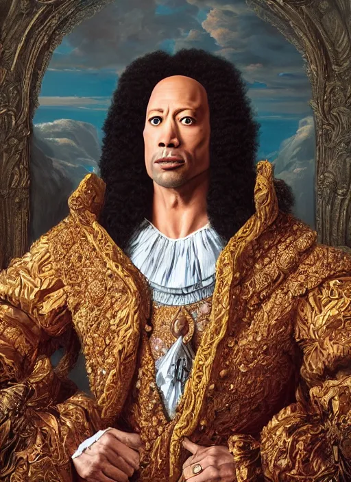 Image similar to beautiful oil painting, portrait of Dwayne the rock Johnson as Louis xiv in coronation robes 1701, Dan Mumford, Dan Mumford, Alex grey, Alex grey, hyacinthe rigaurd, highly detailed, ornate