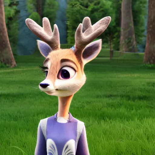 Prompt: portrait, 3 d render, anthropomorphic deer female, wearing long white dress, in the style of zootopia