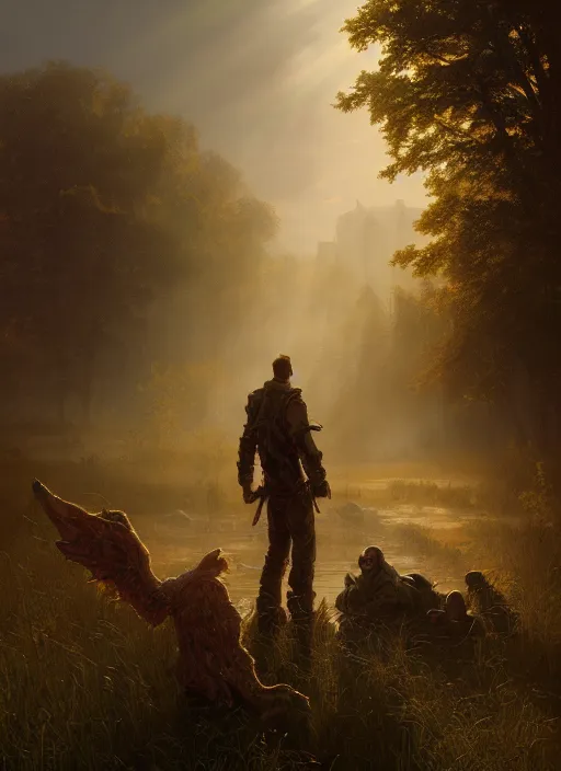 Prompt: rural wisconsin after grey alien apocalypse, mist, sunrays, dust in the air, dnd character, unreal engine, octane render, dramatic lighting, pond, digital art, by stanley artgerm lau, greg rutkowski, thomas kindkade, alphonse mucha, loish, norman rockwell,