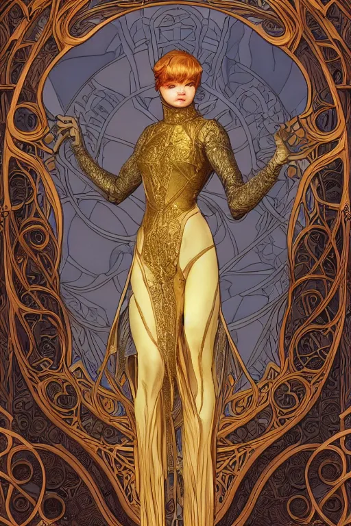 Image similar to full - body artwork, cattie - brie of mithril hall, by artgerm, andreas rocha, greg rutkowski. art nouveau neo - gothic sculpture by mucha. swirly intricate gilded linework background. gaudy colors, sharp edges. ultra clear detailed. 8 k. elegant. octane render