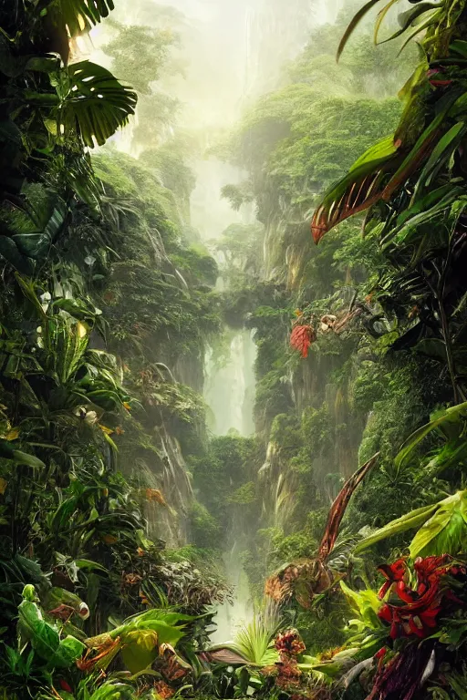 Image similar to a giant exotic flower in the exotic jungle, landscape, alex ross, david finch, concept art, matte painting, highly detailed, rule of thirds, dynamic lighting, cinematic, detailed, denoised, centerd