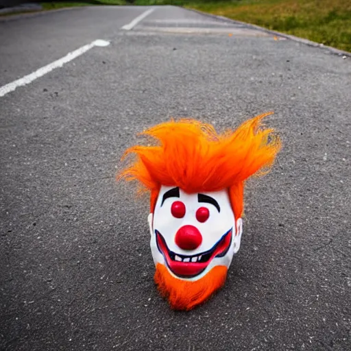 Image similar to it. clown with sharp teeth, red nose and orange hair smiling evilly from storm drain