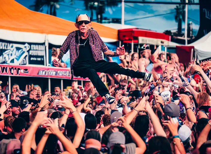 Image similar to photo still of don knotts at vans warped tour!!!!!!!! at age 5 5 years old 5 5 years of age!!!!!!! stage diving into a crowd, 8 k, 8 5 mm f 1. 8, studio lighting, rim light, right side key light