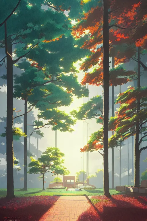 Image similar to a colorful high school building with beautiful trees, morning, by studio ghibli painting, superior quality, masterpiece, traditional Japanese colors, by Grzegorz Rutkowski, concept art
