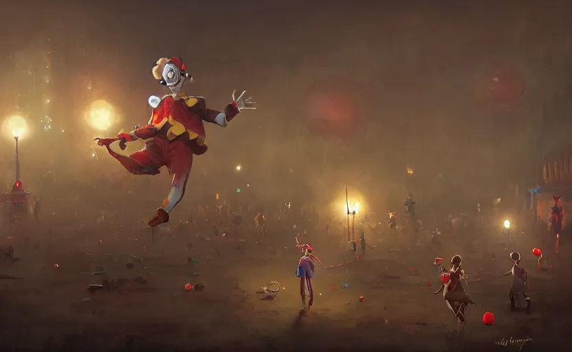 Image similar to A clown chasing screaming children across the circus grounds Greg Rutkowski, night time, highly detailed, level design, concept art, artstation, cgsociety, zenith view