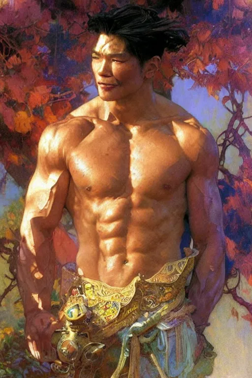 Image similar to attractive muscular man, short hair, wuxia, colorful, painting by gaston bussiere, craig mullins, greg rutkowski, alphonse mucha