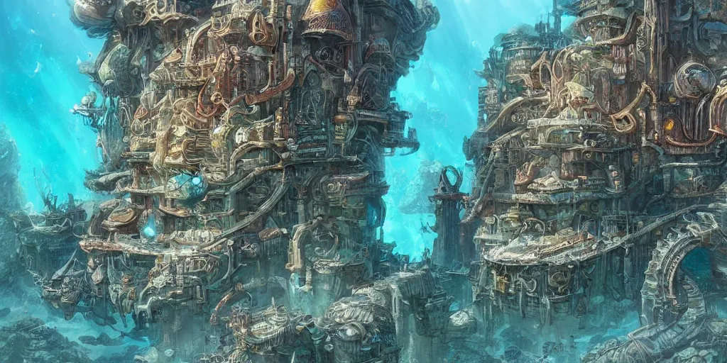 Image similar to masterpiece artwork of a underwater city on a aguarium, hyper detailed, art, trending in artstation, behance, deviantart, art style by kim jung gi and greg rutkowski