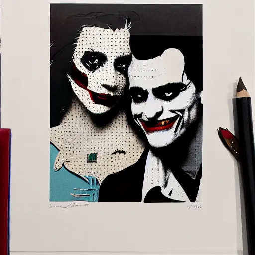 Image similar to ilya yefimovich repin and mimmo rottela as joaquin phoenix skinny joker holding hand lady gaga harley queen, ultra photorealistic, intricate details, pop art style, concept art, confident posse, random object details, 3 colours, warm color, 4 k, ultra smooth, sharp focus