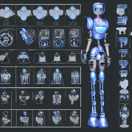 Image similar to character sheet of a robot girl