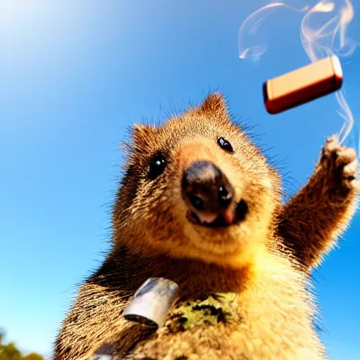 Image similar to happy quokka taking a selfie and smoking a joint, golden hour, ultra realistic