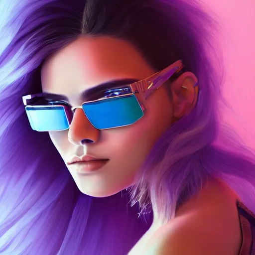 Prompt: closeup painting of a very beautiful young mexican cyberpunk woman that's smirking wearing light blue louvered shades, one side haircut, long brown hair with light blue ends, purple leather jacket, portrait, hyperdetailed, artstation, cgsociety, 8 k, synthwave image