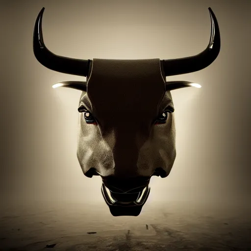 Image similar to an android ( bull ) modeled after a bull looking into the camera, android, cyborg, half body, intricate, 3 d, hyper realism, fantasy, depth of field, octane render, symmetrical, highly detailed, digital art, artstation, concept art, cinematic lighting, trending