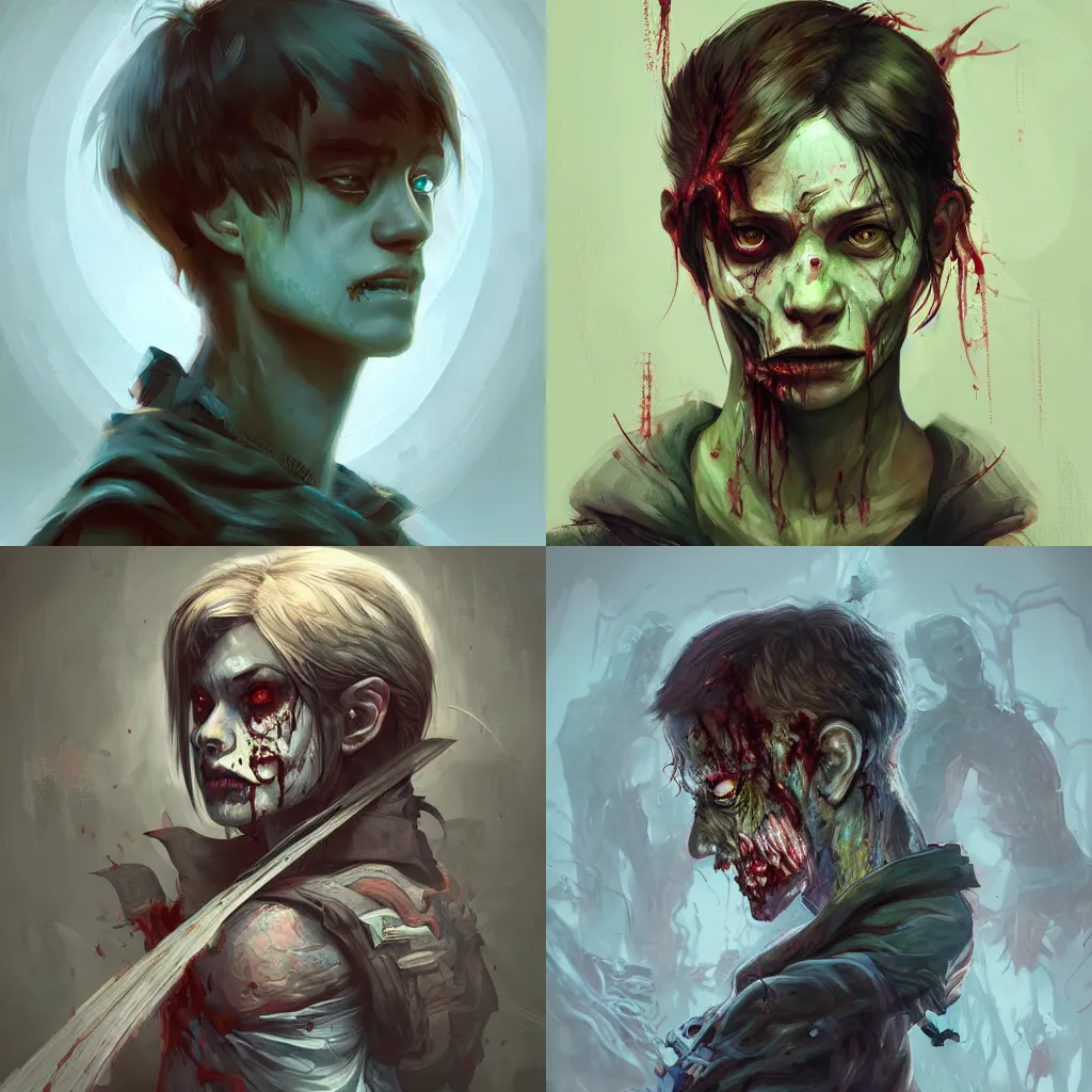 Prompt: Hyperdetailed masterpiece concept art of a half body portrait of a zombie going through adolescence, hyperdetailed concept art by Ross Tran, high quality DnD illustration, trending on ArtStation