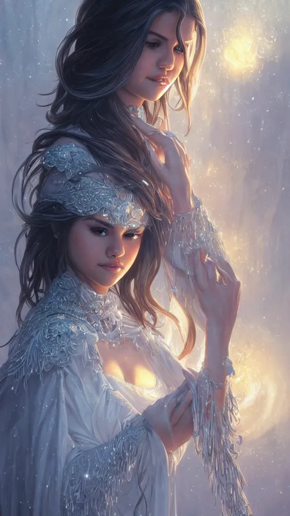 Image similar to Selena Gomez casting an frost spell, D&D, fantasy, intricate, elegant, highly detailed, digital painting, artstation, concept art, matte, sharp focus, illustration, hearthstone, art by Artgerm and Greg Rutkowski and Alphonse Mucha