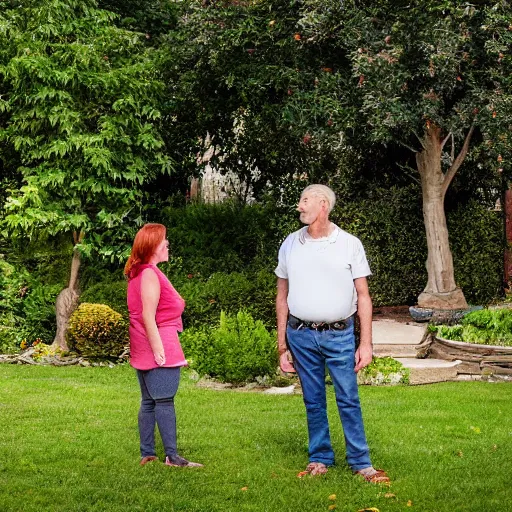 Image similar to a man and a woman around 3 0 years are standing in the backyard of a downtown home. focus on faces, realistic colors, detailed photo 8 k