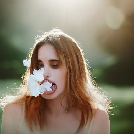 Image similar to , a photo of a beautiful lady with flowers coming out of her mouth 5 0 mm lens, f 1. 4, sharp focus, ethereal, emotionally evoking, head in focus, volumetric lighting, blur dreamy outdoor,