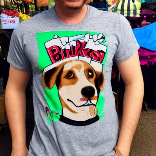 Image similar to bootleg tshirt of a dog smoking a blunt at the market