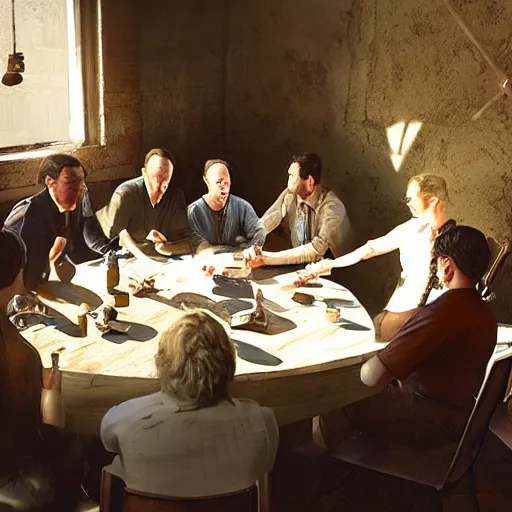 Prompt: a table with 1 0 people all sitting, buisness, vintage decor, illumanati, serious, craig mullins, warm sunlight threw the roof, dust particles illuminated in the sun beam,