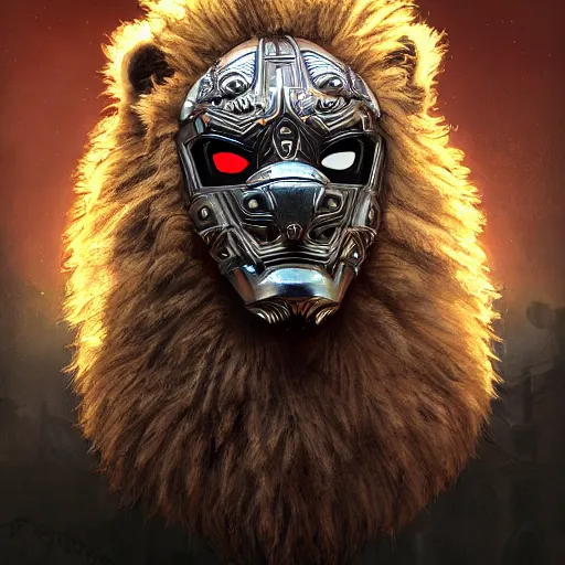 Prompt: Very very very very highly detailed epic zoom out photo of full face with lion robber venetian mask, intricate, dystopian, sci-fi, extremely detailed, digital painting, artstation, concept art, smooth, sharp focus, illustration, intimidating lighting, incredible art by Artgerm and Vincent di Fate