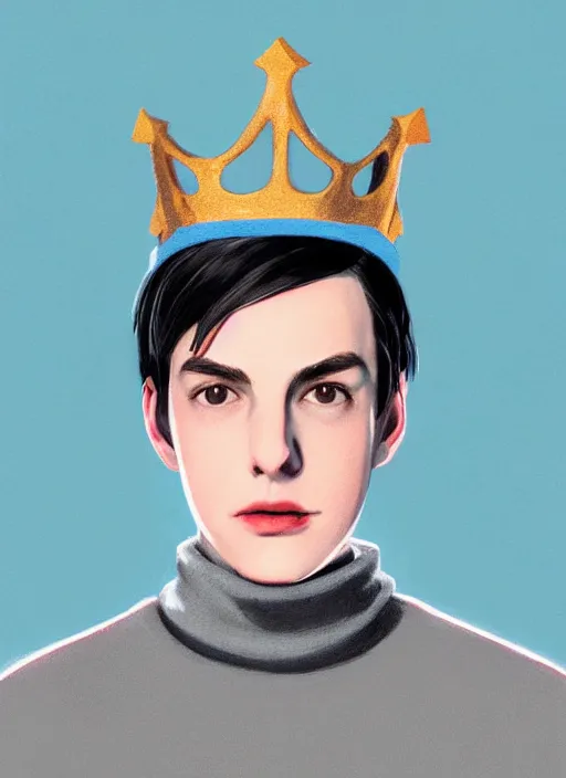 Image similar to portrait of teenage jughead jones wearing a light grey crown, crown, blue turtleneck, 1 9 5 0 s, closed eyes, photorealistic, black hair, glowing lighting, intricate, elegant, glowing lights, highly detailed, digital painting, artstation, concept art, smooth, sharp focus, illustration, art by wlop, mars ravelo and greg rutkowski