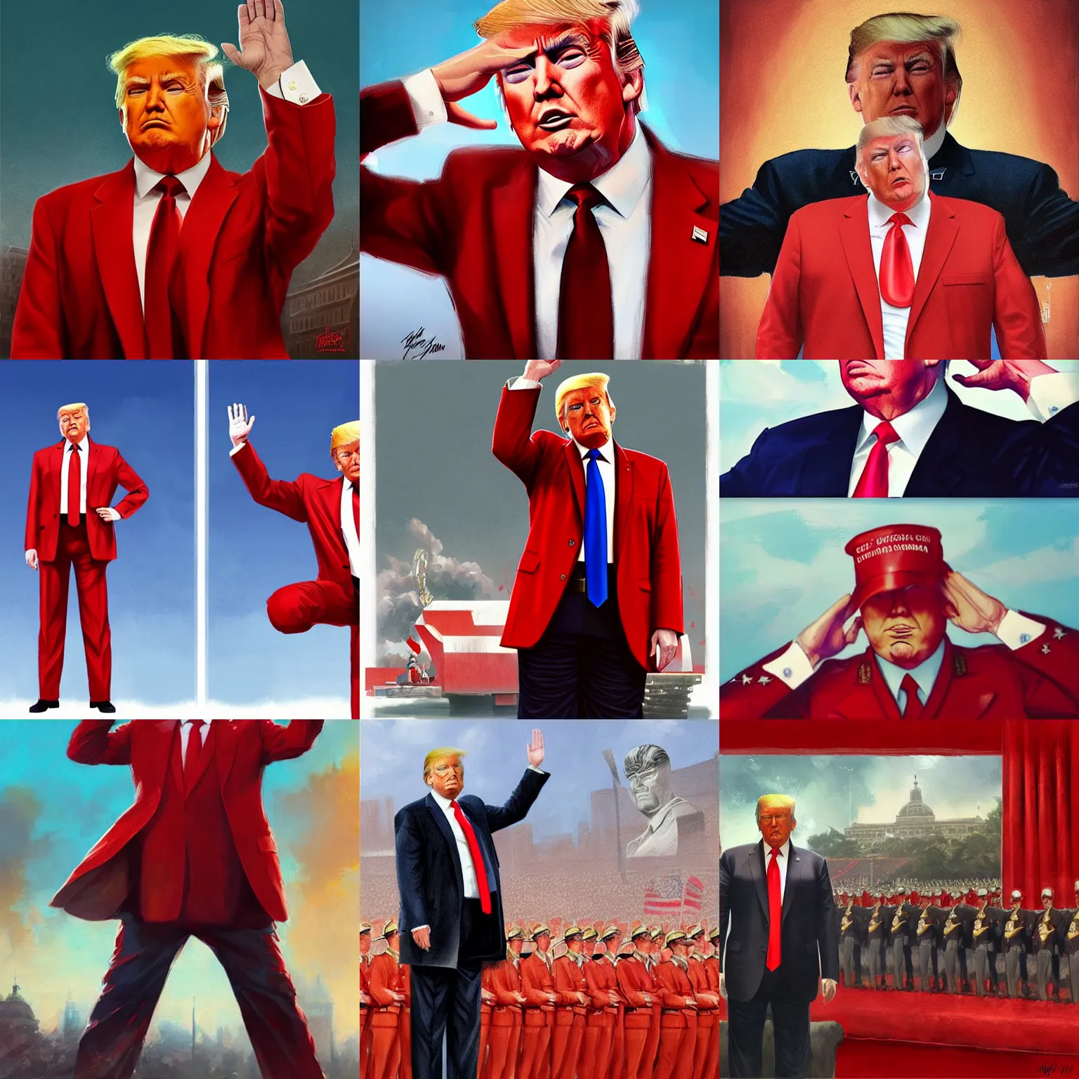 Prompt: donald trump as a communist, doing a military salute, red suit, art by artgerm, greg rutkowski, drew struzan, studio portrait, highly detailed, digital art, elegant, intricate, concept art, trending on artstation