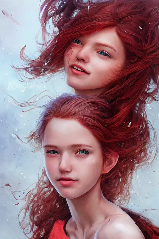 Image similar to ultra realistic style illustration of a beautiful cute red haired joyful and playful 1 9 year old teen, full portrait, long hair, sci - fi, fantasy, intricate, elegant, digital painting, artstation, concept art, smooth, sharp focus, 8 k frostbite 3 engine, ultra detailed, art by artgerm and greg rutkowski and magali villeneuve