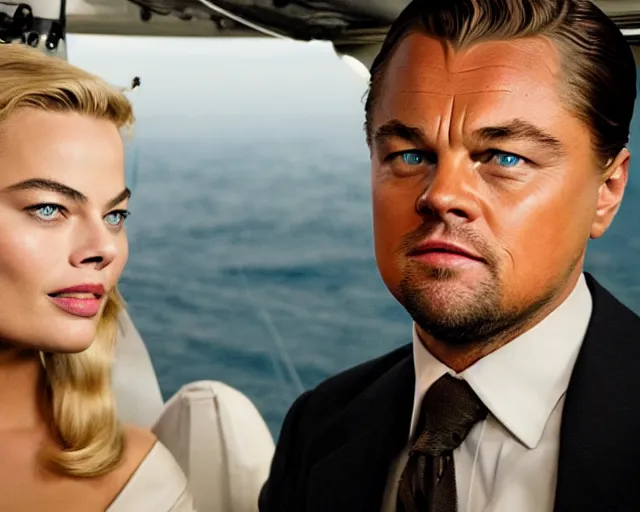 Image similar to leonardo dicaprio as the wolf of wall street next to margot robbie as naomi from the wolf of wall street in a helicopter, hyper realistic faces, beautiful eyes, cinematic, long shot, hyper detailed, 8 5 mm photograph, 8 k resolution, film still, sharp lens, wide lens