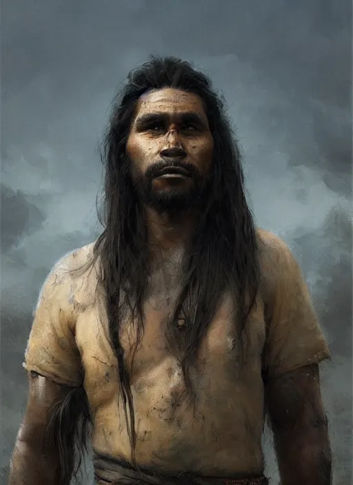 Image similar to portrait painting of a 3 0 year old rugged indigenous aboriginal male, long hair, rugged, unreal render cinematic lighting, bussiere rutkowski andreas rocha