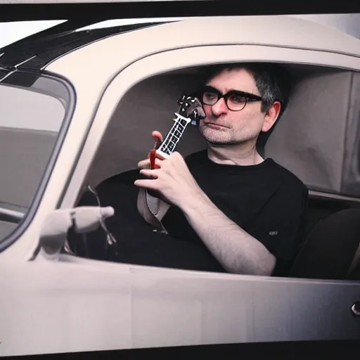 Image similar to steve albini in a bugatti, portrait, by martin parr