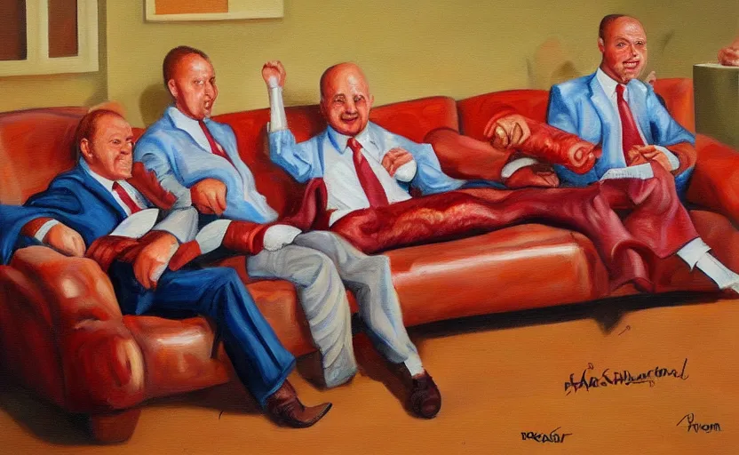 Image similar to realistic painting of couch made out of meat, business men sitting on couch made out of meat and talking, meat couch, meat couch,