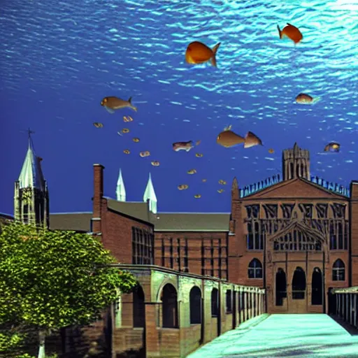Image similar to yale university under water, realistic, high details