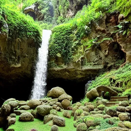 Prompt: ancient temple,plants and waterfalls in the interior of a cave