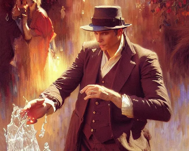 Image similar to attractive magician man, casting water magic. highly detailed painting by gaston bussiere, craig mullins, j. c. leyendecker 8 k