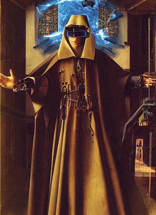 Prompt: a cyberpunk augmented priest jacking into the matrix by Jan van Eyck