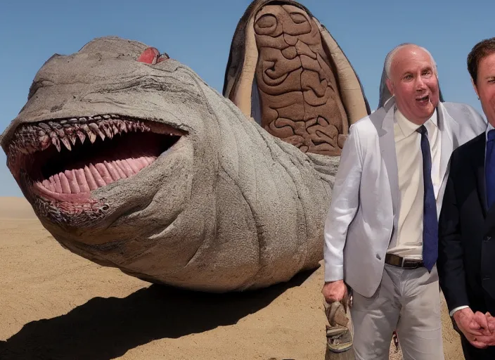 Image similar to a politician photo op with the sand worm from dune