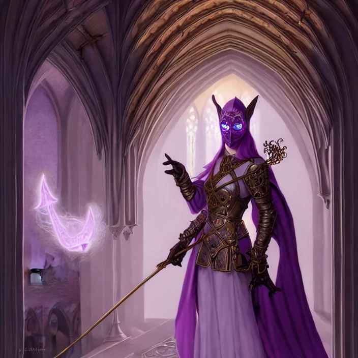 Image similar to masked d & d bard with her lilac leather armor in a cathedral, volumetric lighting, fantasy, intricate, elegant, highly detailed, lifelike, photorealistic, digital painting, artstation, fox ears illustration, concept art, sharp focus, by john collier and albert aublet and krenz cushart and artem demura and alphonse mucha