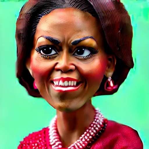 Prompt: cartoon fruit figurine that looks just like michelle obama as a pomegranate, 8 k, fruit eyes, fruit world, beautiful intricate painting, hyper realistic, studio lighting, octane render