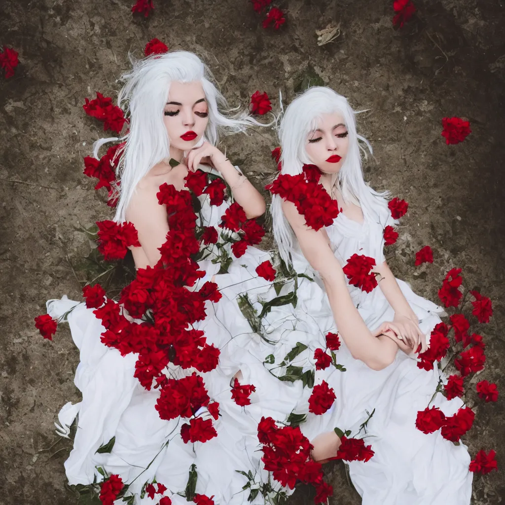 Prompt: girl with white hair in a white dress, red flowers, aesthetics, gradient