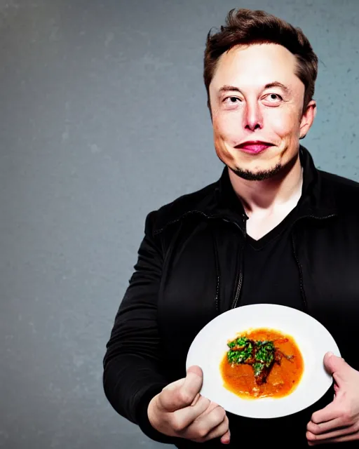 Image similar to a portrait of elon musk with a plate containing idli and sambar in front of him, highly detailed, trending on artstation, bokeh, 9 0 mm, f / 1. 4