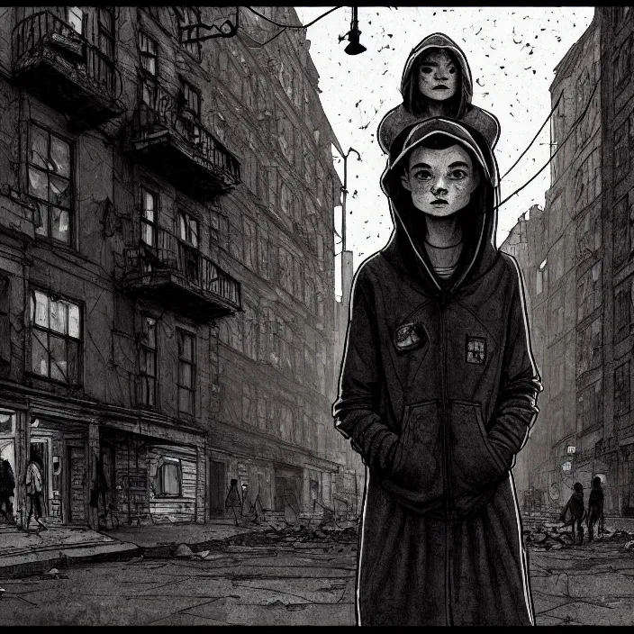 Image similar to storyboard panel : sadie sink in hoodie sits on bench in ruined square, pedestrians walk by, steampunk tenement windows in background. scifi cyberpunk. by gabriel hardman. cinematic atmosphere, detailed and intricate, perfect anatomy