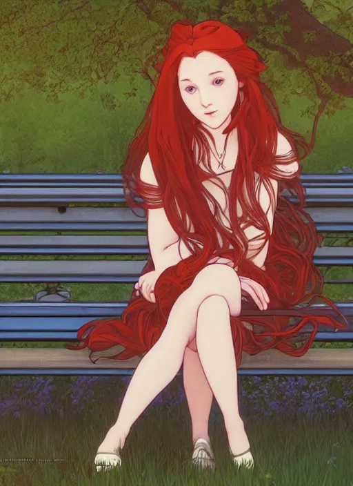 Image similar to pretty young woman with long red hair sitting on a park bench at the dead of night, path traced, highly detailed, high quality, digital painting, by studio ghibli and alphonse mucha, leesha hannigan, makoto shinkai, disney