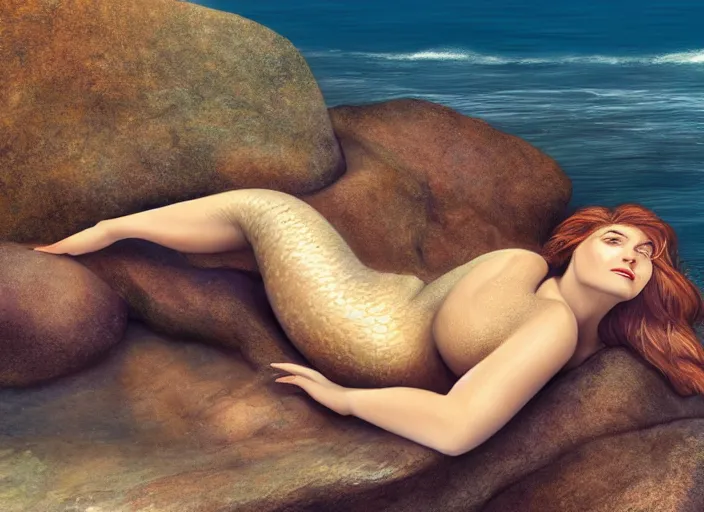 Image similar to A beautiful mermaid lying on a rock by the sea, beautiful face, highly detailed, full body shot, digital art, award winning