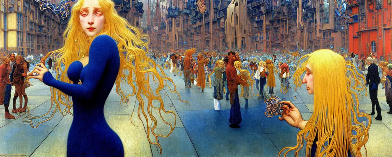 Prompt: realistic extremely detailed full length portrait painting of a girl with blond hair in a crowded modern alien city street by Jean Delville, Amano, Yves Tanguy, Alphonse Mucha, Ernst Haeckel, Edward Robert Hughes, Roger Dean, rich moody colours, blue eyes