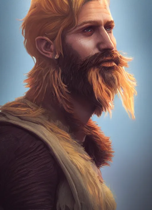 Prompt: an epic fantastic realism comic book style portrait painting of an aasimar warlock, male, shaggy hair, short brown beard, d & d concept art, unreal 5, daz, petrol aesthetic, octane render, cosplay, rpg portrait, dynamic lighting