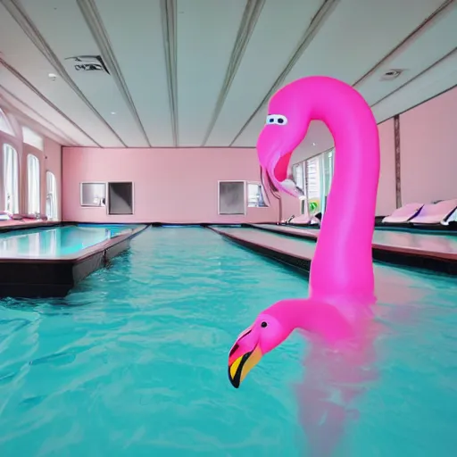 Image similar to dark poolroom liminal space with pink flamingo floaties, liminal photography, bad lighting,