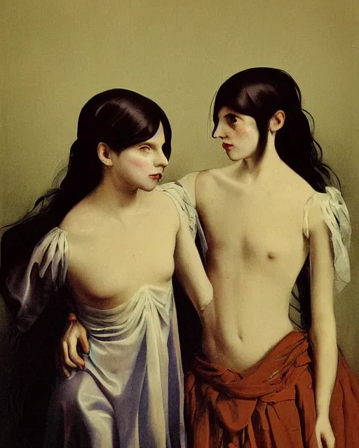 Image similar to a beautiful and eerie baroque painting of two beautiful but creepy siblings wearing vivienne westwood collars in layers of fear, with haunted eyes and dark hair, 1 9 7 0 s, seventies, wallpaper, a little blood, morning light showing injuries, delicate embellishments, painterly, offset printing technique, by brom, robert henri, walter popp